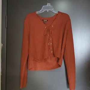 Burnt Orange Lace Up Cropped Knit Sweater